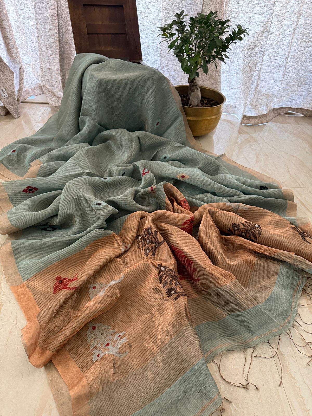 Pure Handloom Linen Tissue Silk Saree With Jamdani Weave