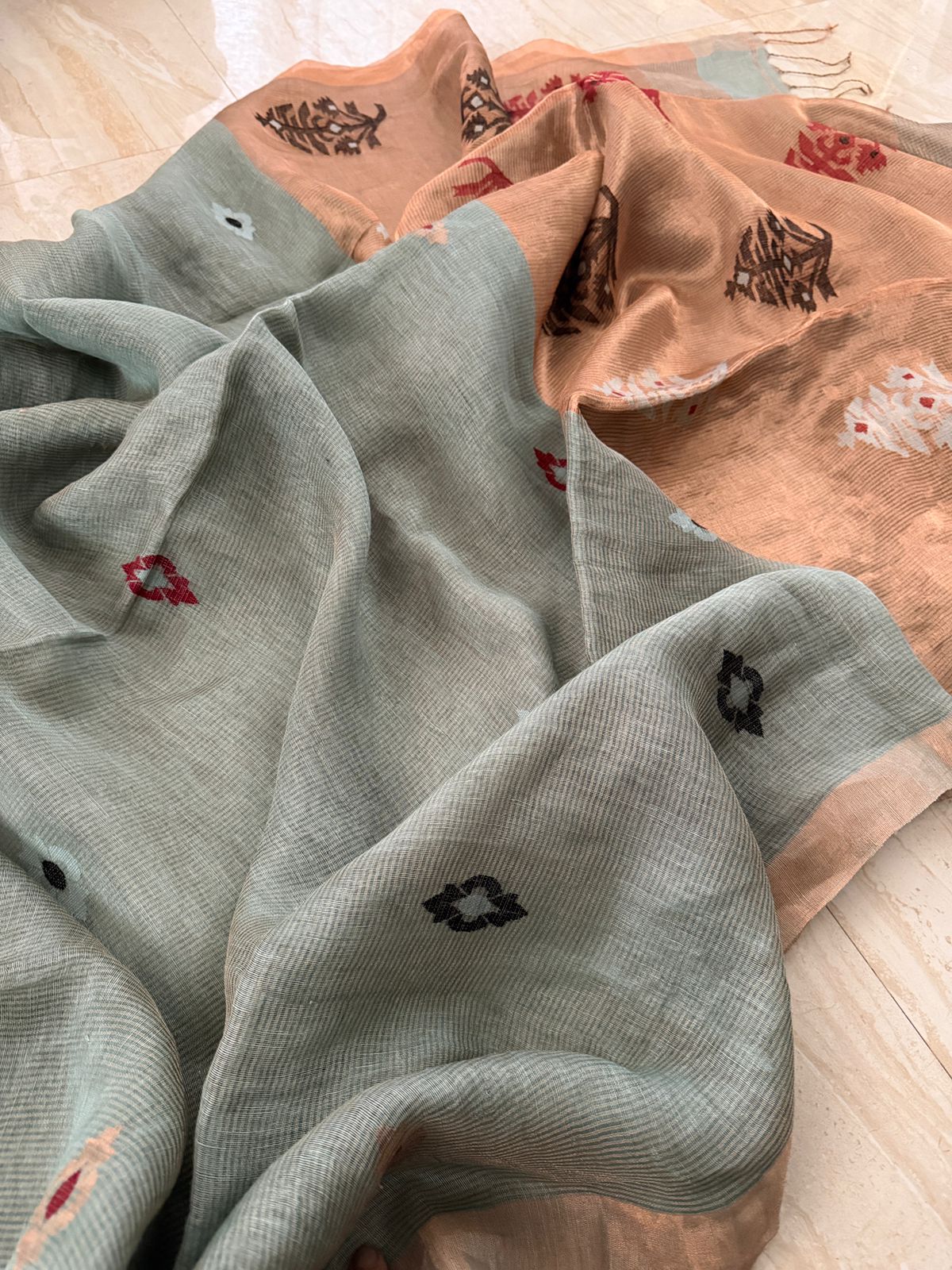 Pure Handloom Linen Tissue Silk Saree With Jamdani Weave