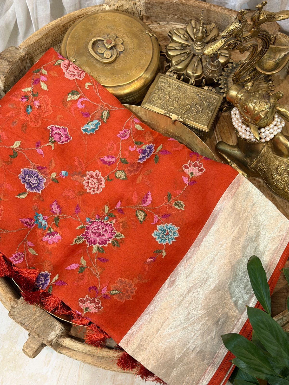 Elegant Organza Saree with All-Over Cross Stitch Embroidery & Tissue Border