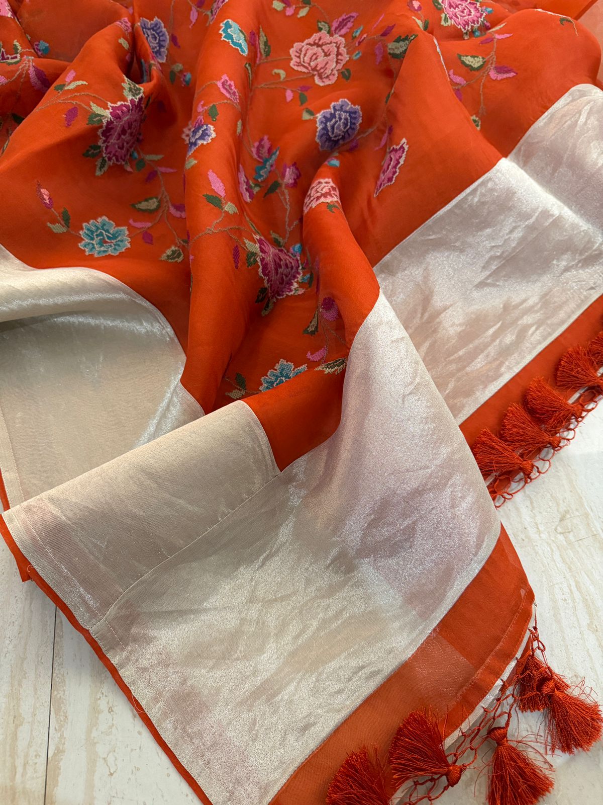 Elegant Organza Saree with All-Over Cross Stitch Embroidery & Tissue Border