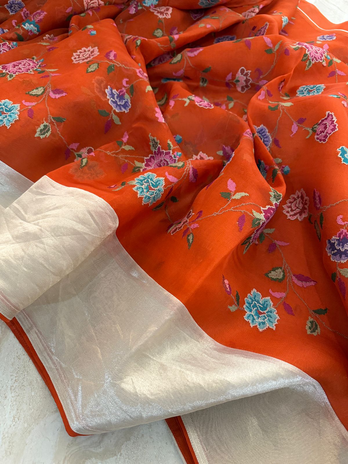 Elegant Organza Saree with All-Over Cross Stitch Embroidery & Tissue Border