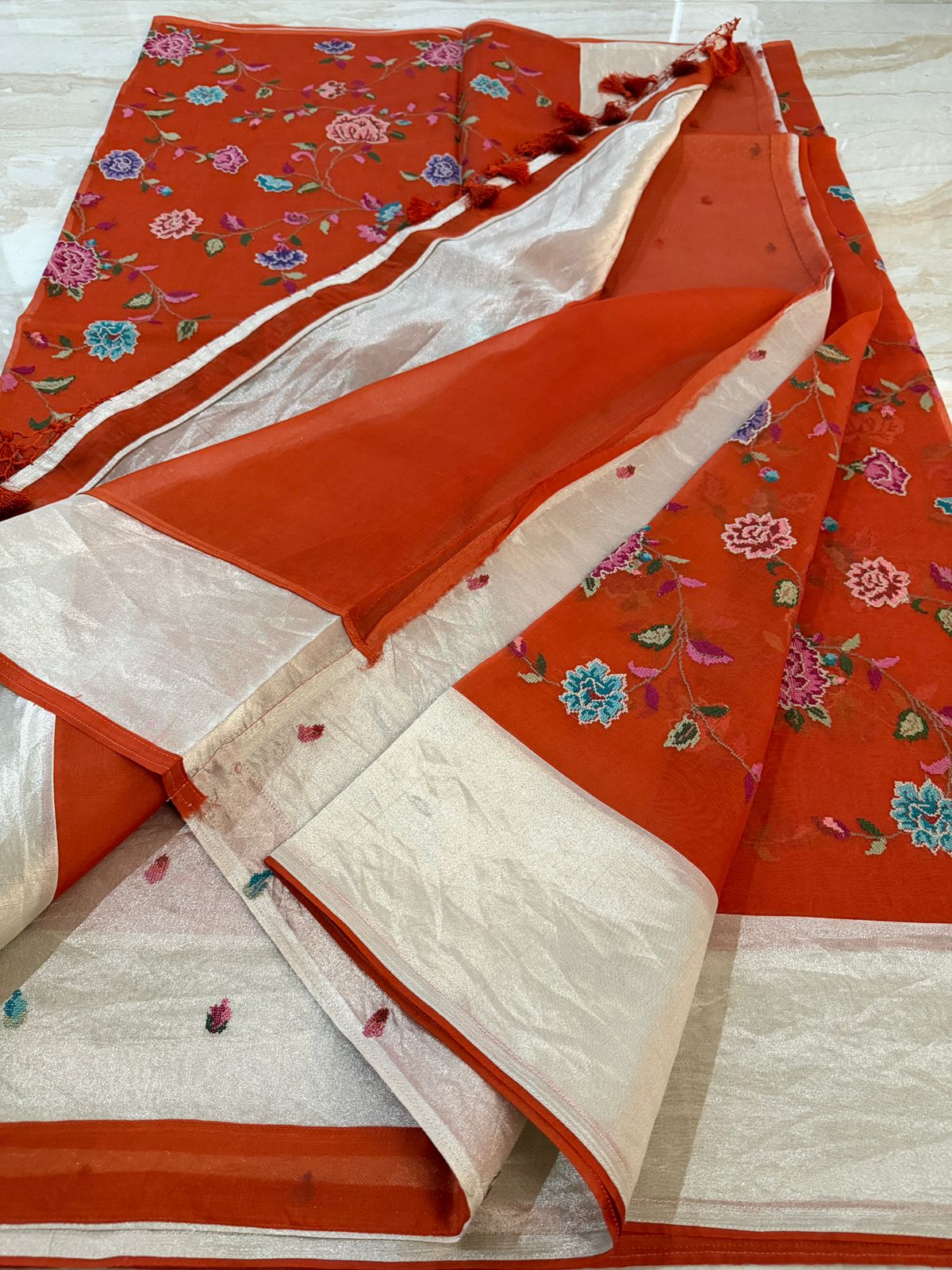Elegant Organza Saree with All-Over Cross Stitch Embroidery & Tissue Border