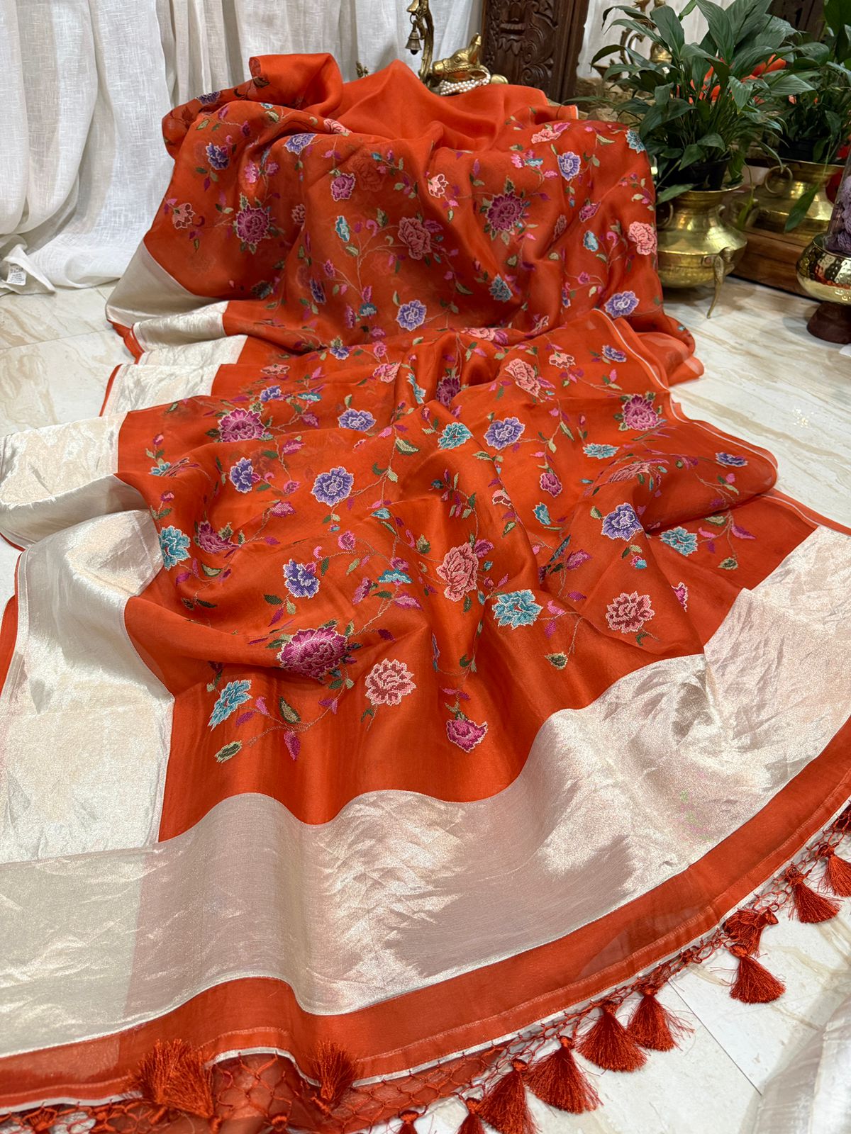 Elegant Organza Saree with All-Over Cross Stitch Embroidery & Tissue Border