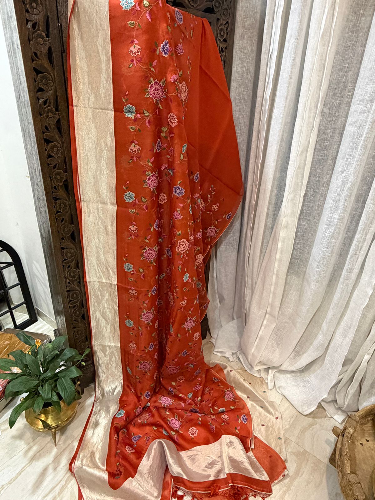 Elegant Organza Saree with All-Over Cross Stitch Embroidery & Tissue Border