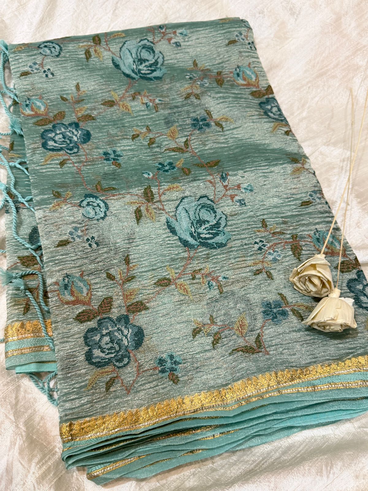 Banarasi Soft Crush Tissue Silk Saree With Cross Stitch Embroidery