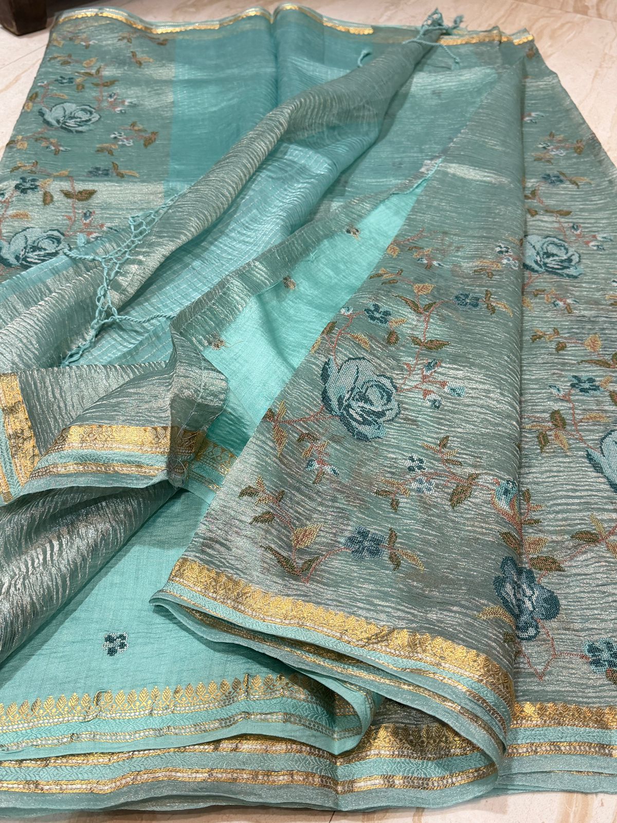 Banarasi Soft Crush Tissue Silk Saree With Cross Stitch Embroidery