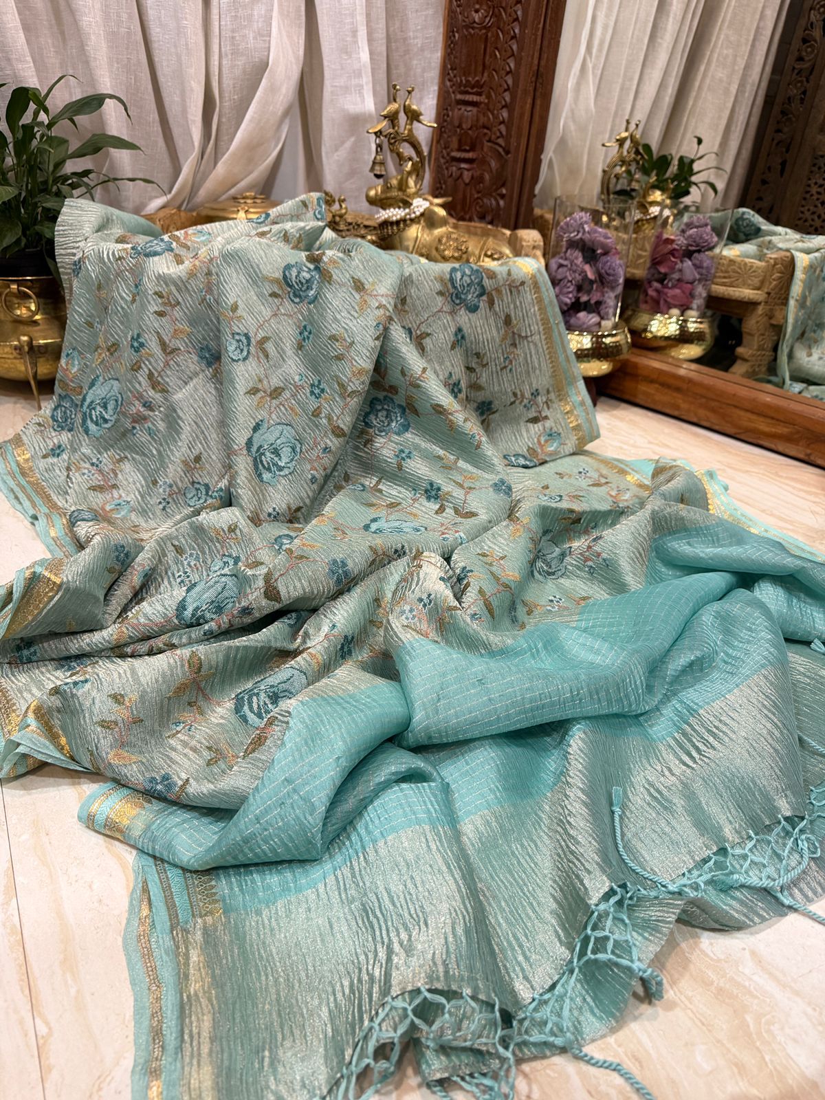 Banarasi Soft Crush Tissue Silk Saree With Cross Stitch Embroidery
