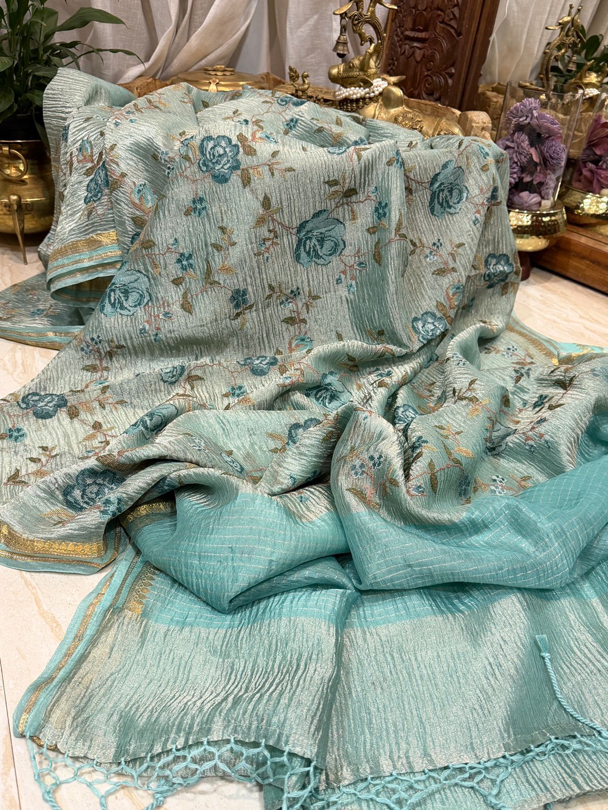 Banarasi Soft Crush Tissue Silk Saree With Cross Stitch Embroidery