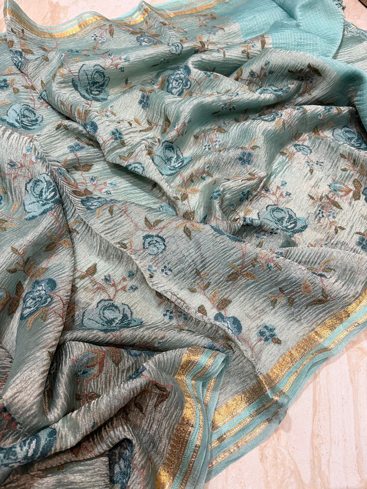 Banarasi Soft Crush Tissue Silk Saree With Cross Stitch Embroidery