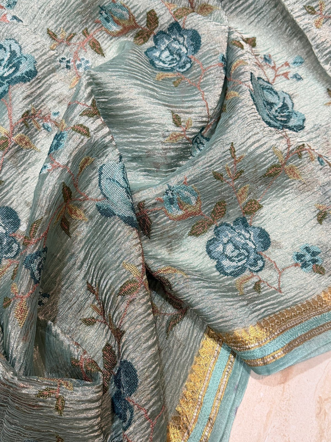 Banarasi Soft Crush Tissue Silk Saree With Cross Stitch Embroidery