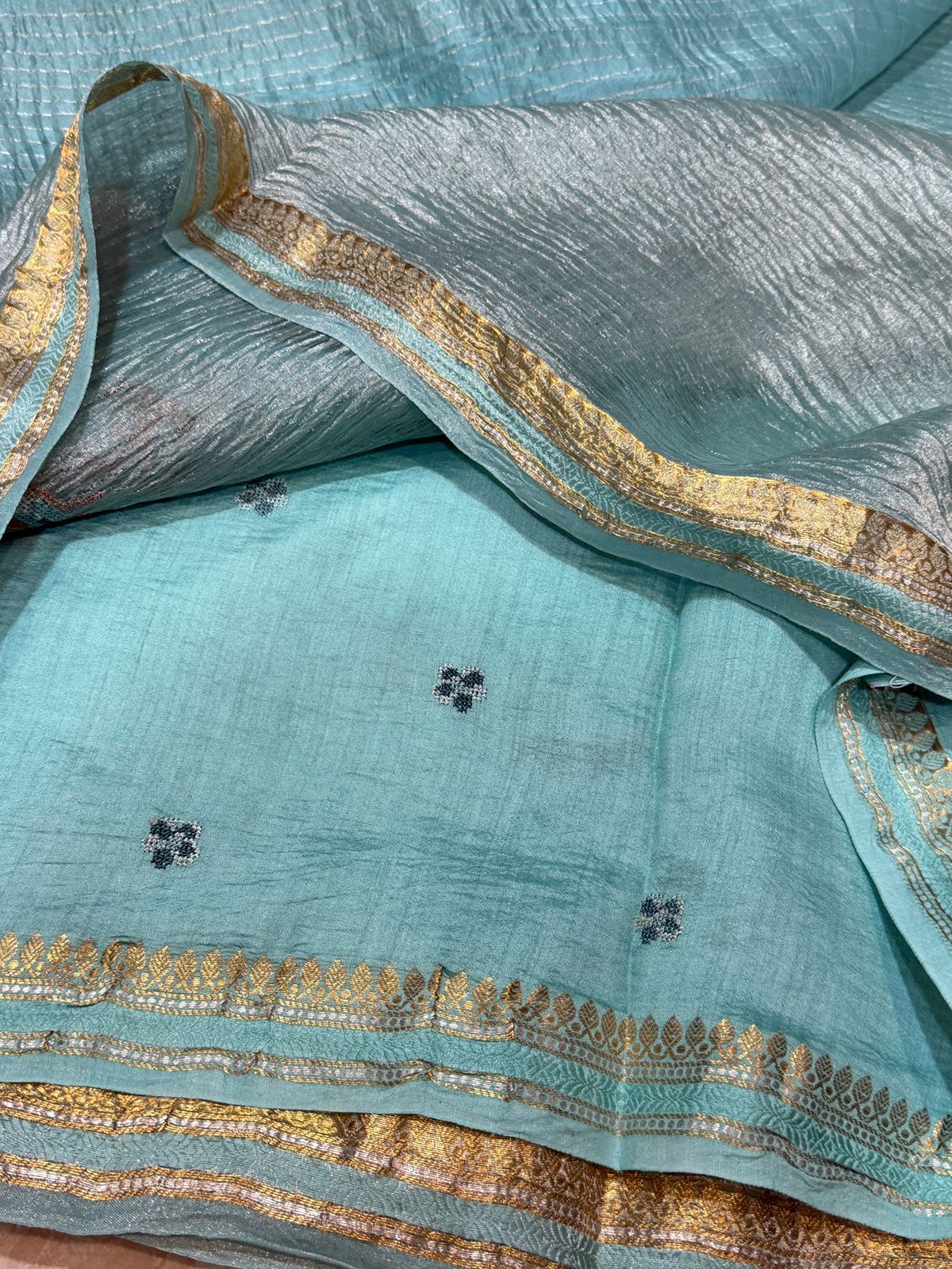 Banarasi Soft Crush Tissue Silk Saree With Cross Stitch Embroidery