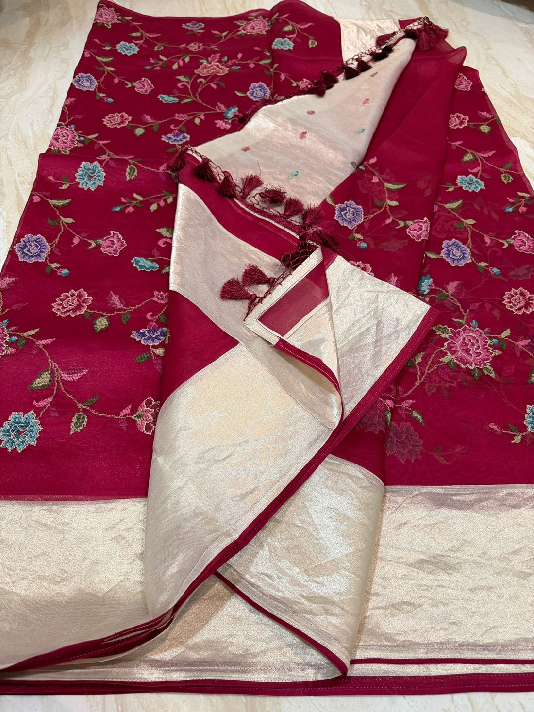 Elegant Organza Saree with All-Over Cross Stitch Embroidery & Tissue Border