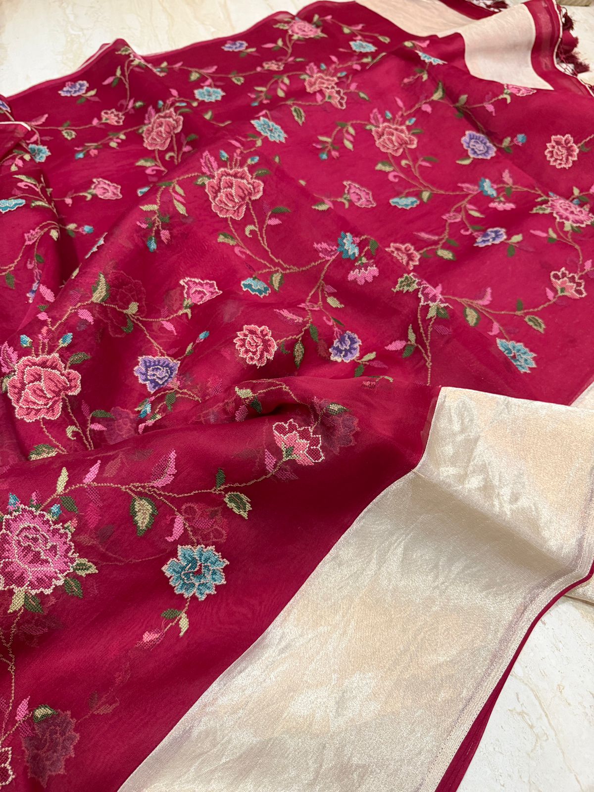 Elegant Organza Saree with All-Over Cross Stitch Embroidery & Tissue Border