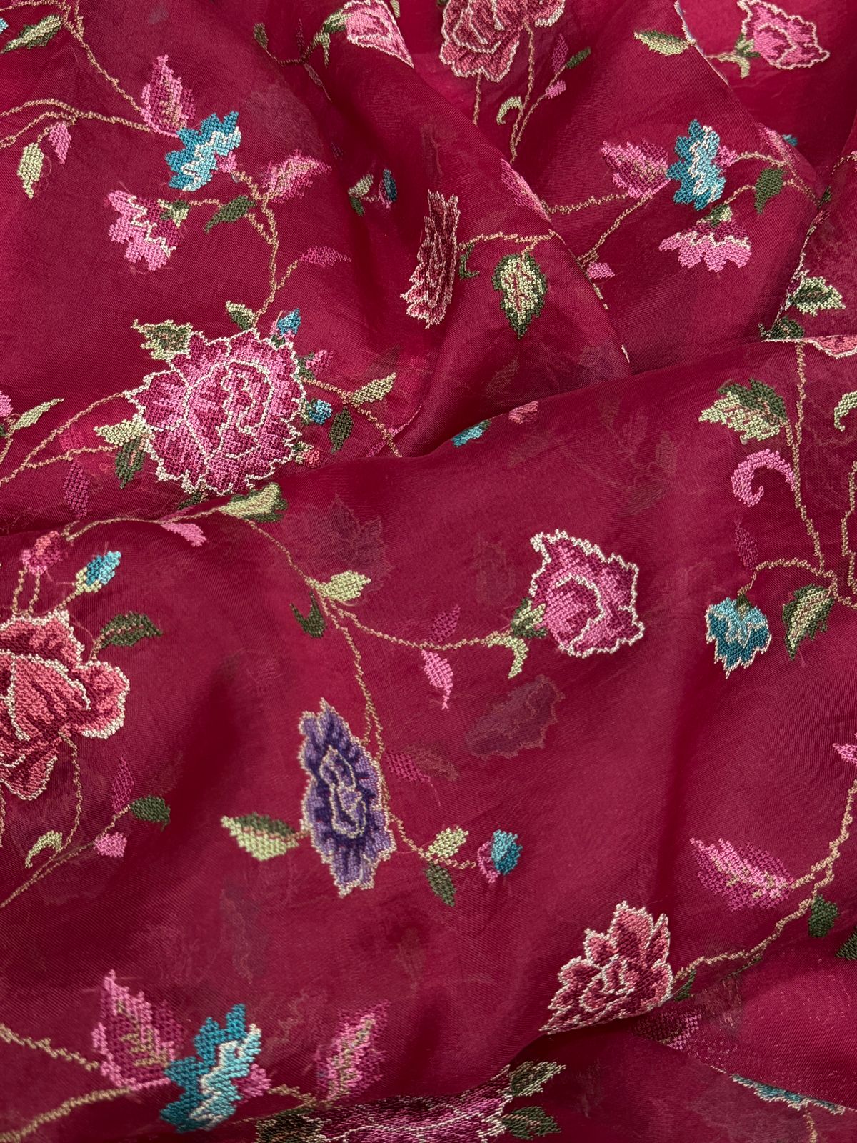 Elegant Organza Saree with All-Over Cross Stitch Embroidery & Tissue Border