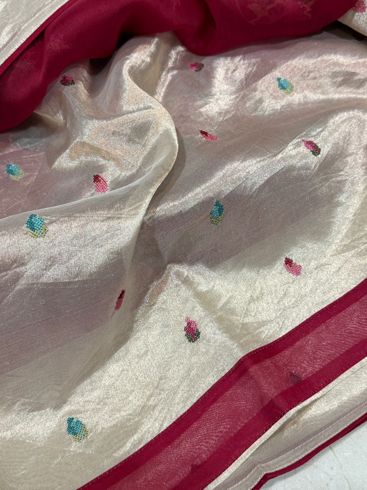 Elegant Organza Saree with All-Over Cross Stitch Embroidery & Tissue Border