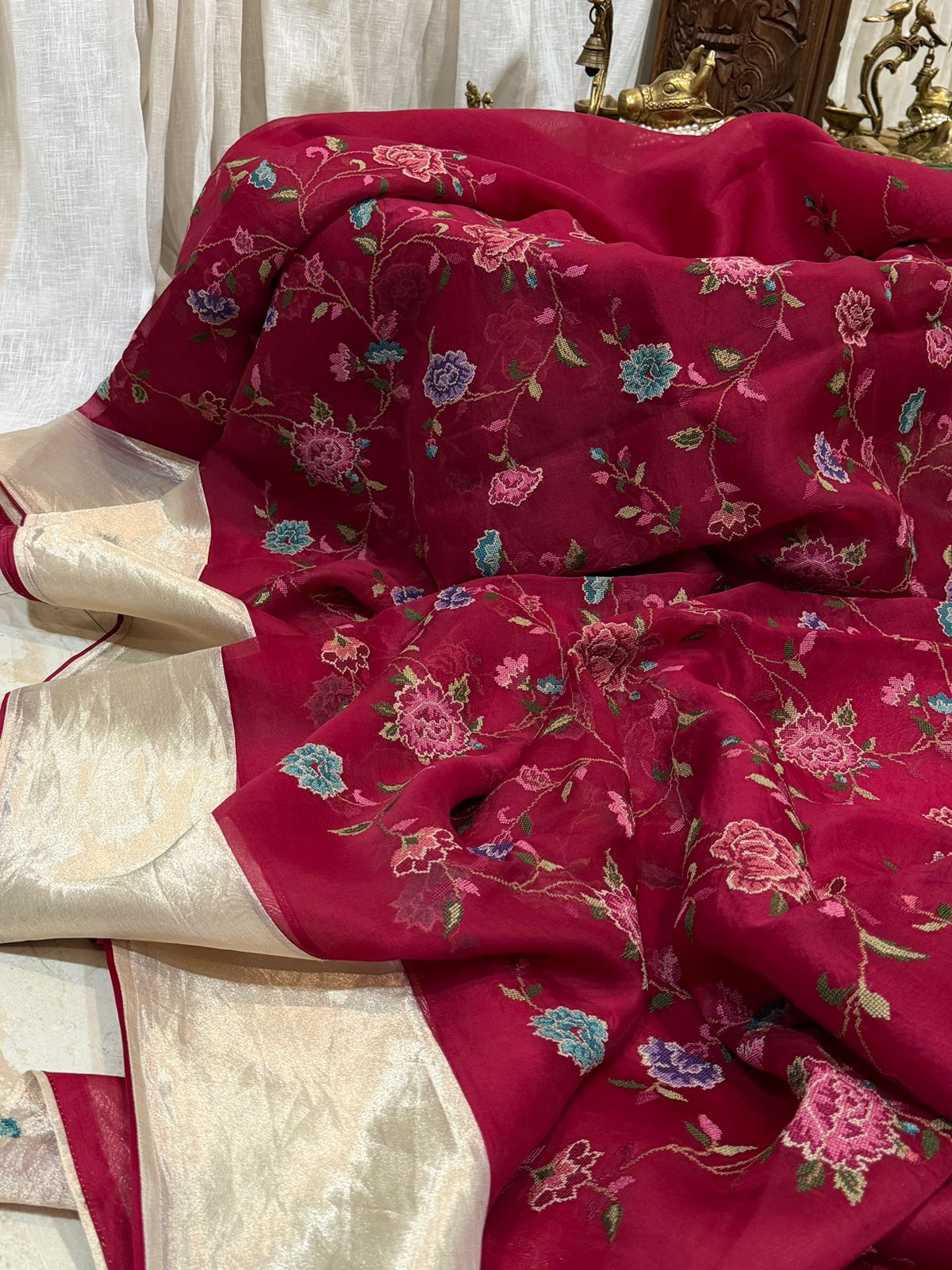 Elegant Organza Saree with All-Over Cross Stitch Embroidery & Tissue Border