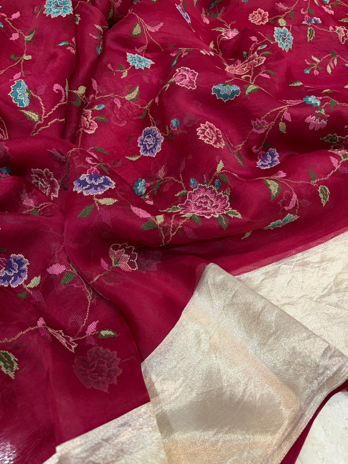 Elegant Organza Saree with All-Over Cross Stitch Embroidery & Tissue Border