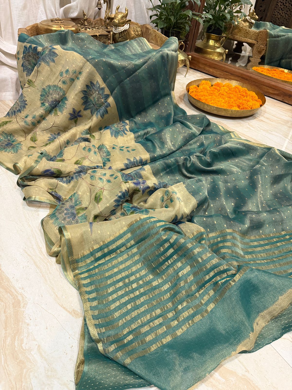 Beautiful Mysore Brocade Tissue Georgette Crepe Silk Saree