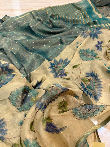 Beautiful Mysore Brocade Tissue Georgette Crepe Silk Saree