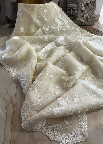 Pure Organza Saree With Machine Embroidery Work All Over