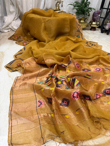 Pure Handloom Linen Silk Tissue Border and Pallu with Paithani Weave