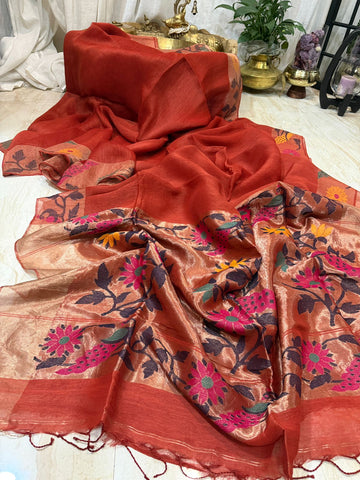 Pure Linen Silk Tissue Border and Pallu Saree With Paithani Weave