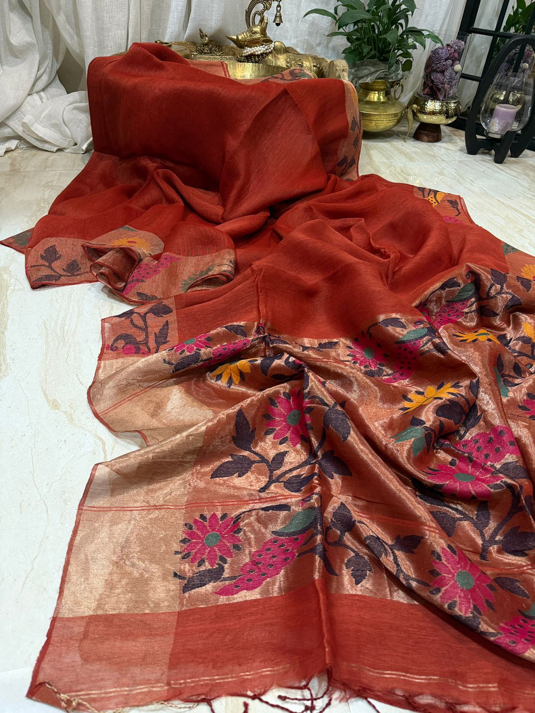 Pure Linen Silk Tissue Border and Pallu Saree With Paithani Weave