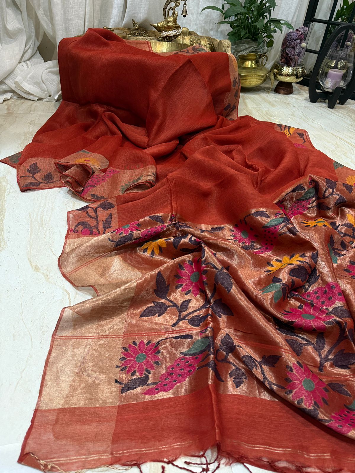 Pure Linen Silk Tissue Border and Pallu Saree With Paithani Weave