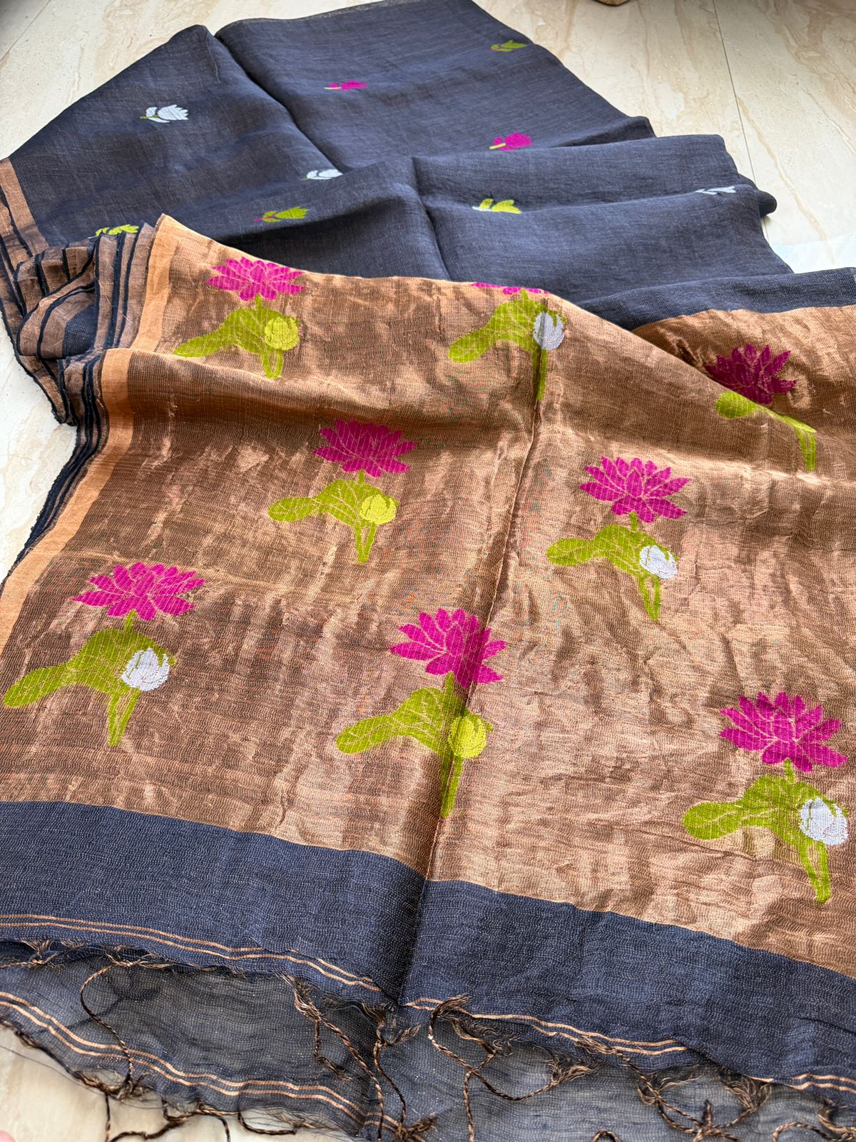 Pure Handloom Linen Tissue Silk Saree With Jamdani Weave