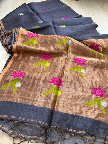 Pure Handloom Linen Tissue Silk Saree With Jamdani Weave