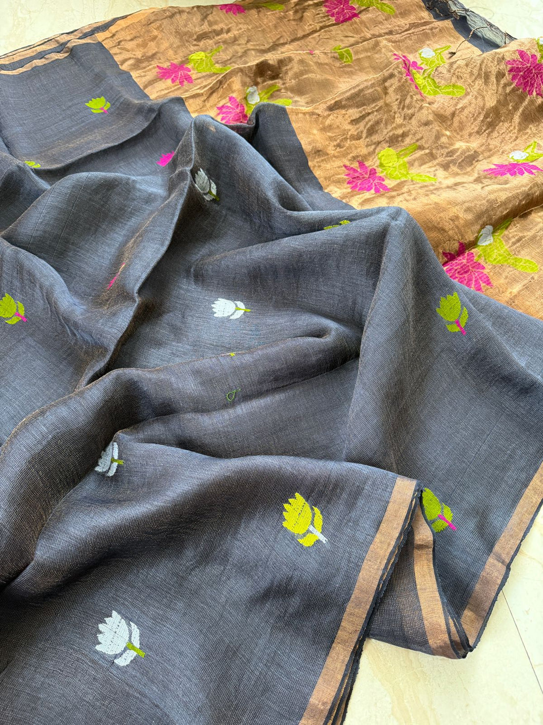 Pure Handloom Linen Tissue Silk Saree With Jamdani Weave