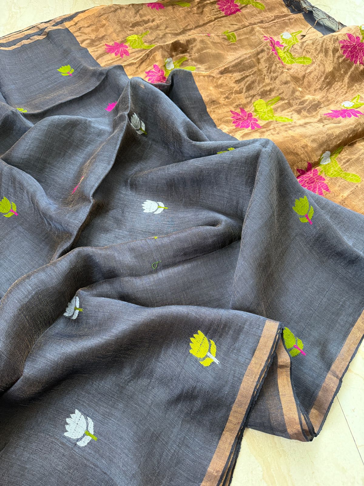 Pure Handloom Linen Tissue Silk Saree With Jamdani Weave