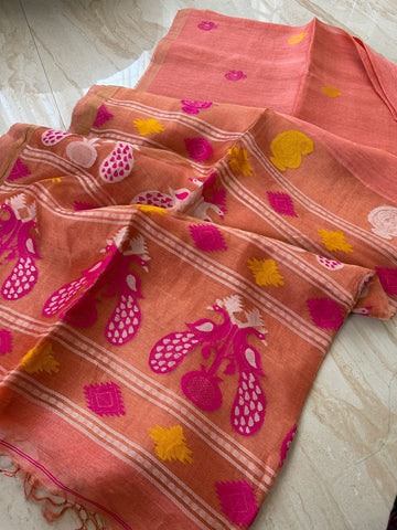 Pure Handloom Linen Tissue Silk Saree With Pathani Weave Pallu