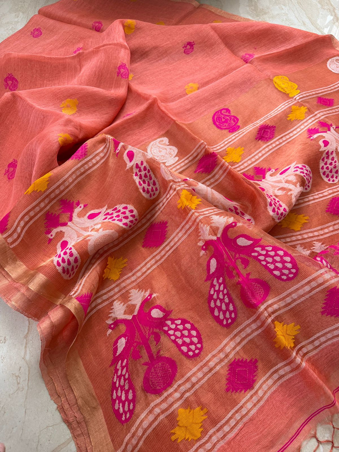 Pure Handloom Linen Tissue Silk Saree With Pathani Weave Pallu