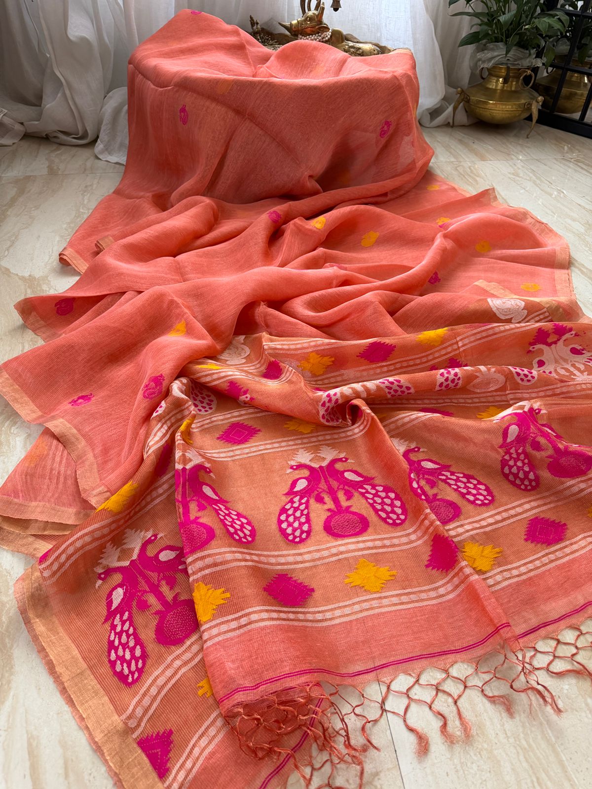 Pure Handloom Linen Tissue Silk Saree With Pathani Weave Pallu