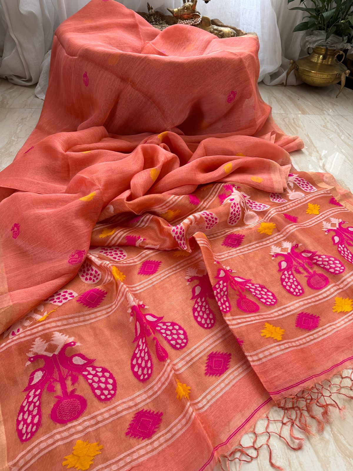 Pure Handloom Linen Tissue Silk Saree With Pathani Weave Pallu