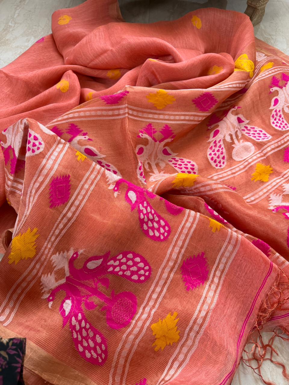 Pure Handloom Linen Tissue Silk Saree With Pathani Weave Pallu