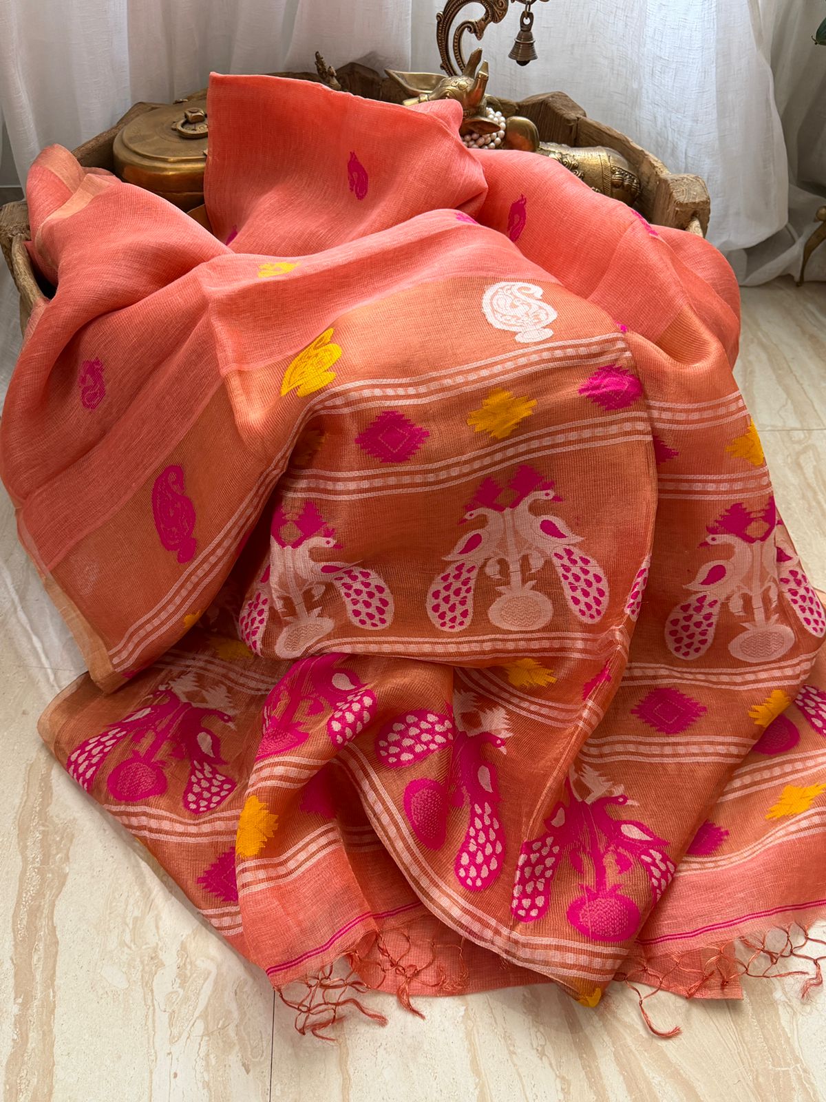 Pure Handloom Linen Tissue Silk Saree With Pathani Weave Pallu
