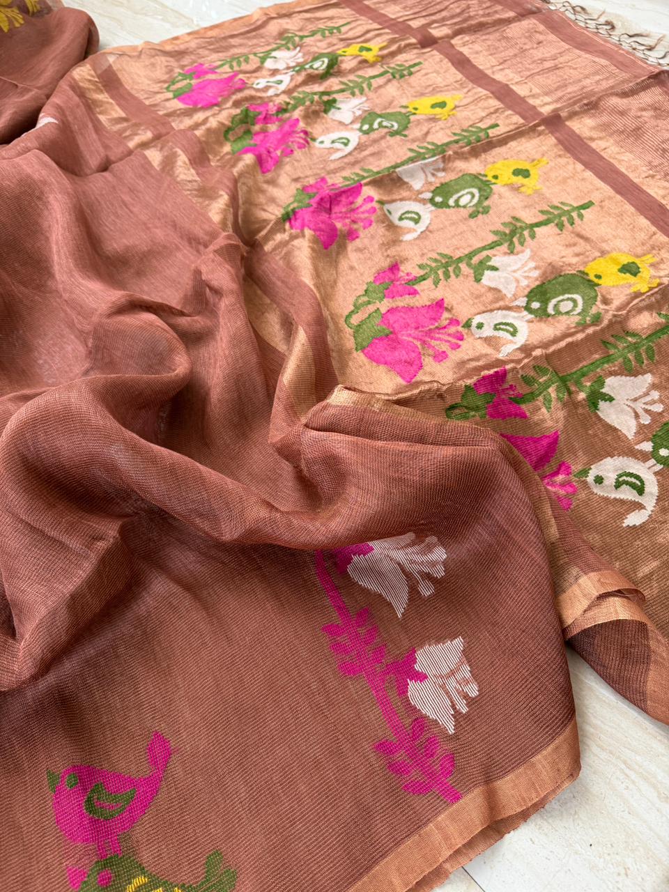 Pure Handloom Linen Tissue Silk Jamdani Saree