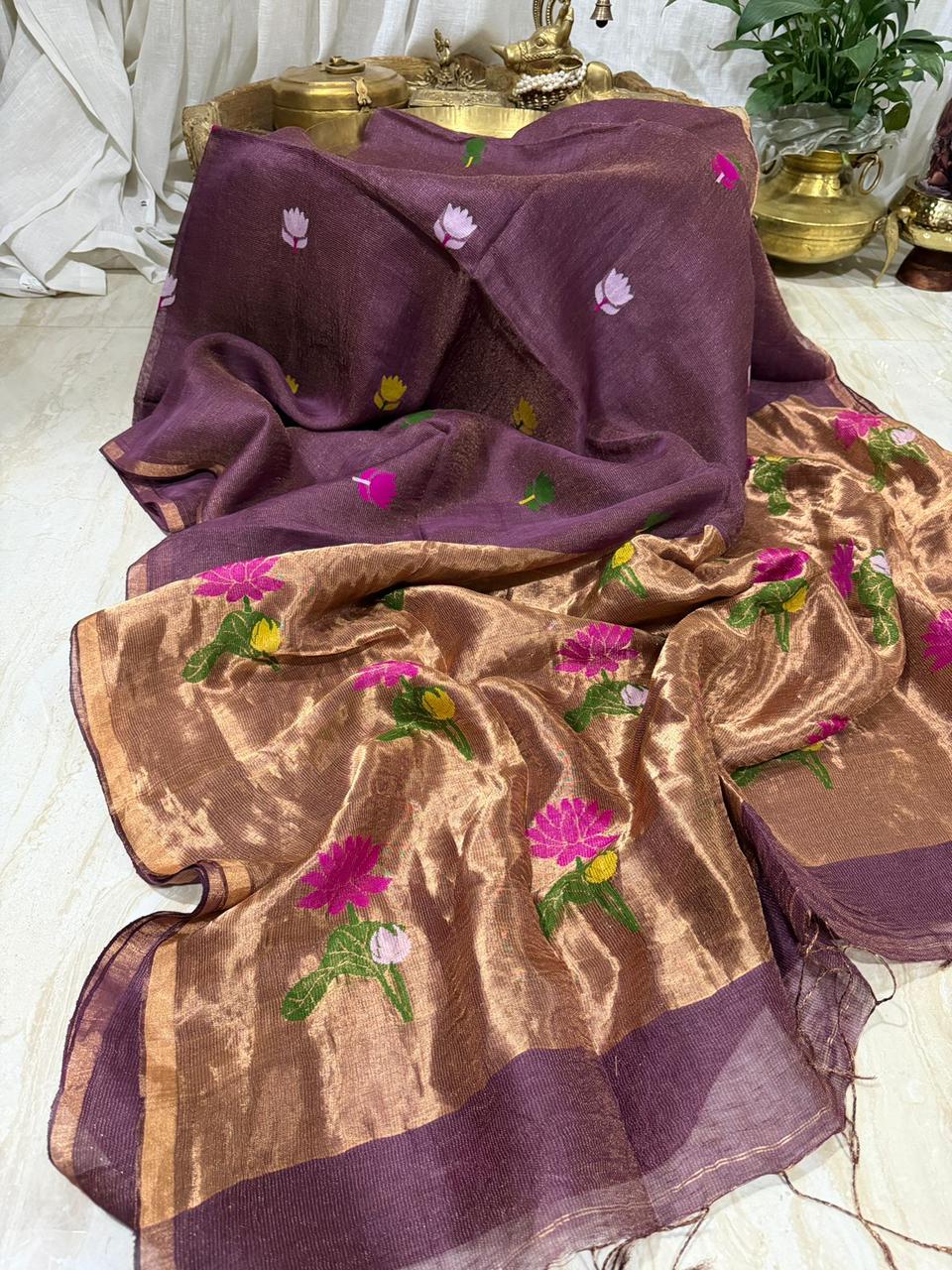 Pure Handloom Linen Tissue Silk Saree With Jamdani Weave