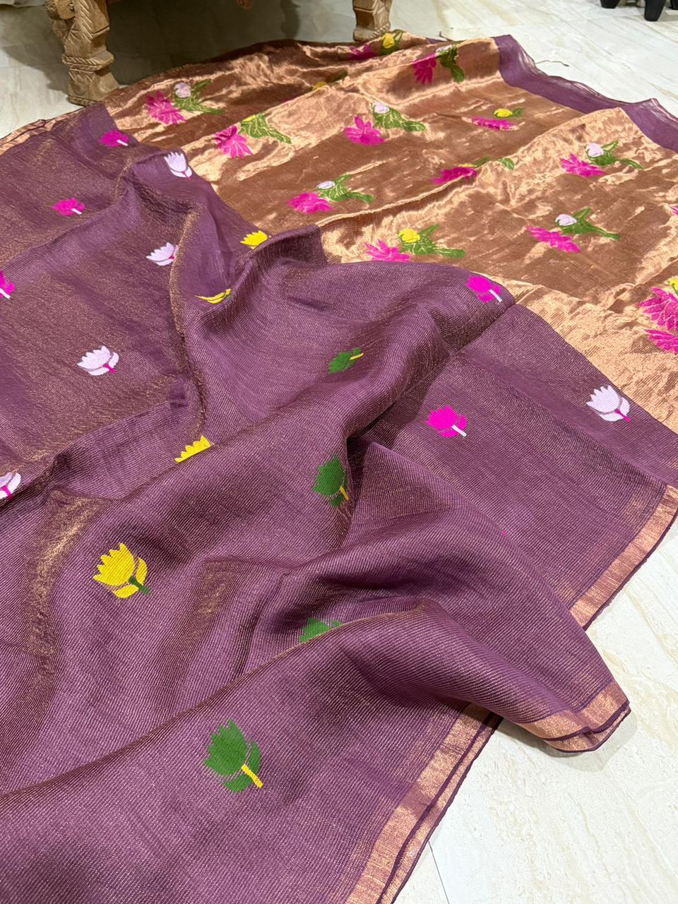 Pure Handloom Linen Tissue Silk Saree With Jamdani Weave