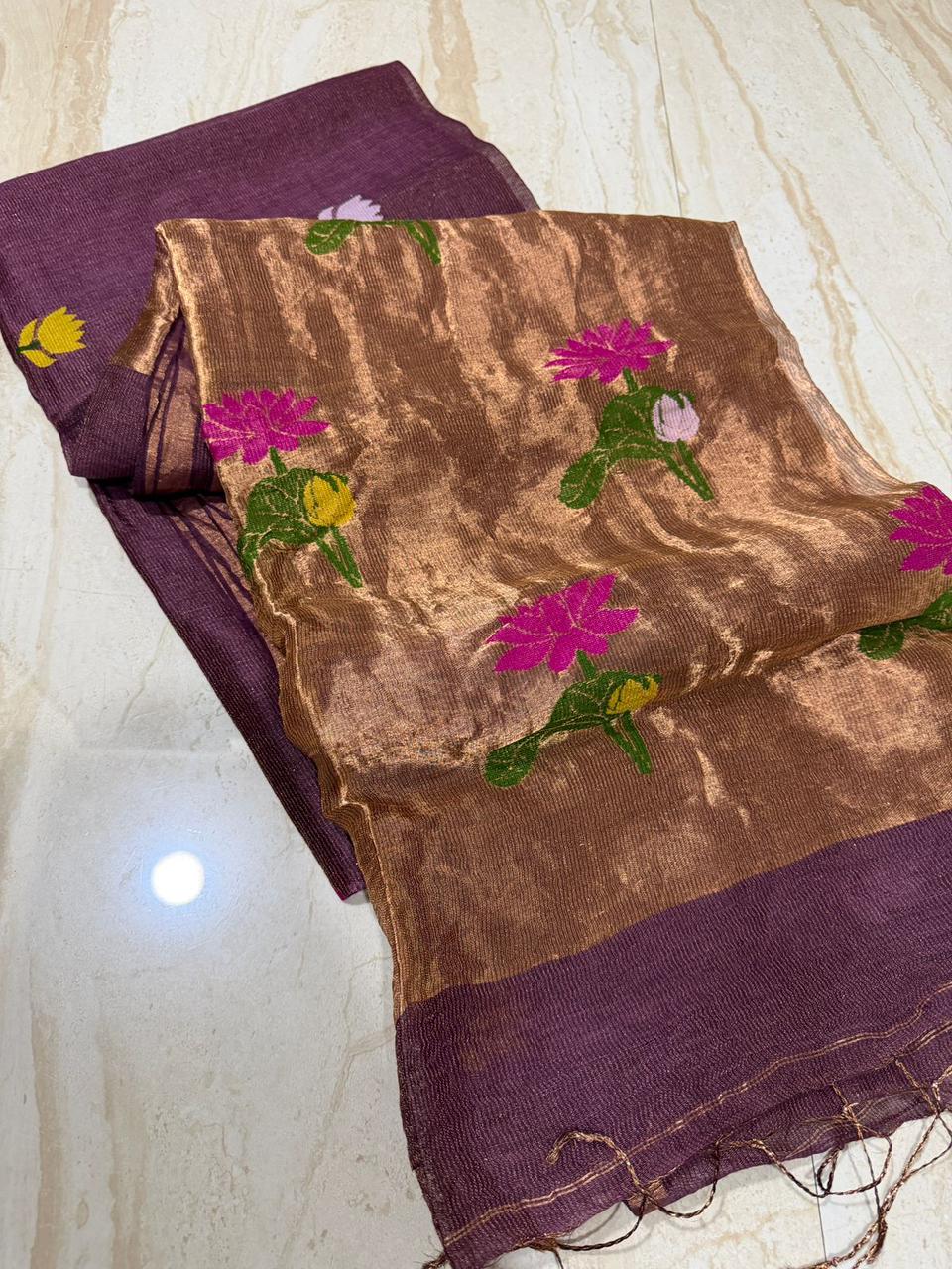 Pure Handloom Linen Tissue Silk Saree With Jamdani Weave