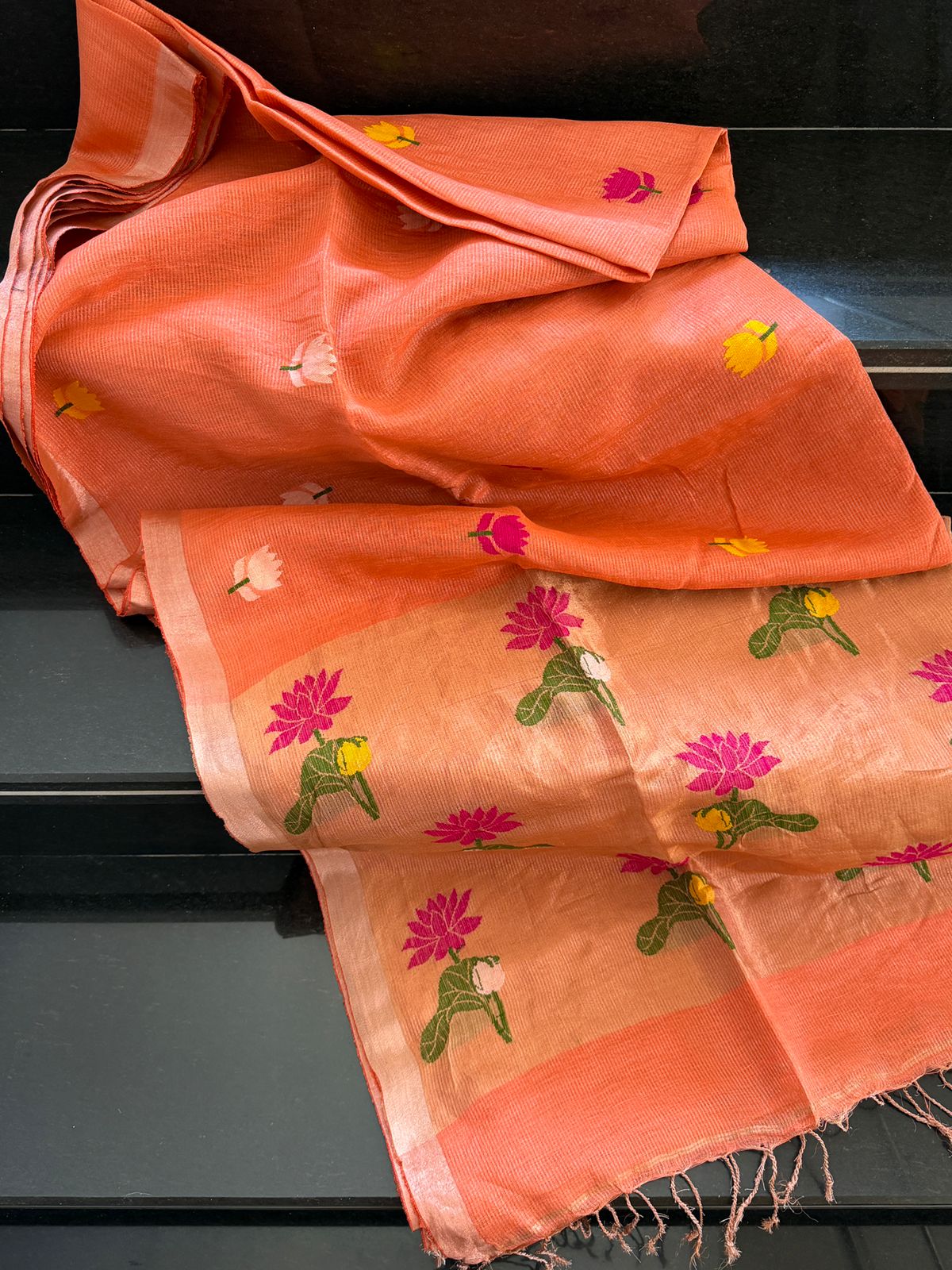 Pure Handloom Linen Tissue Silk Saree With Jamdani Weave