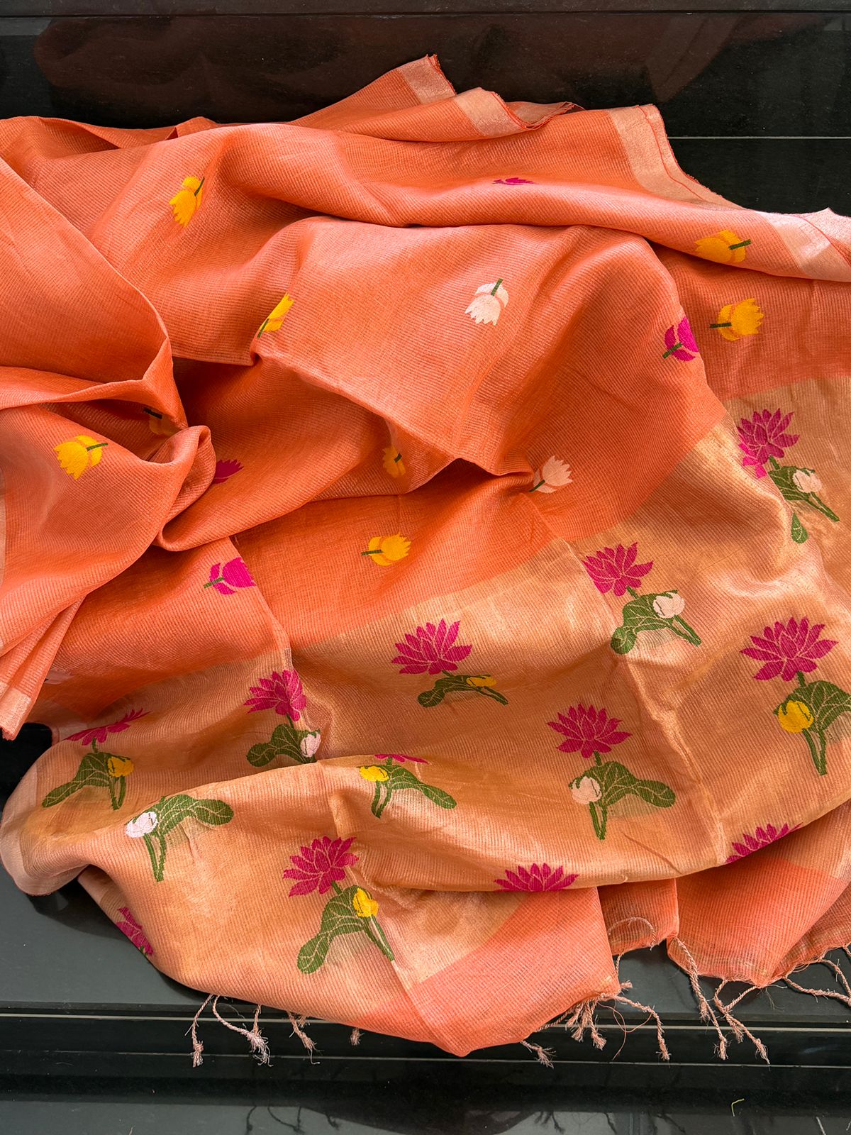 Pure Handloom Linen Tissue Silk Saree With Jamdani Weave