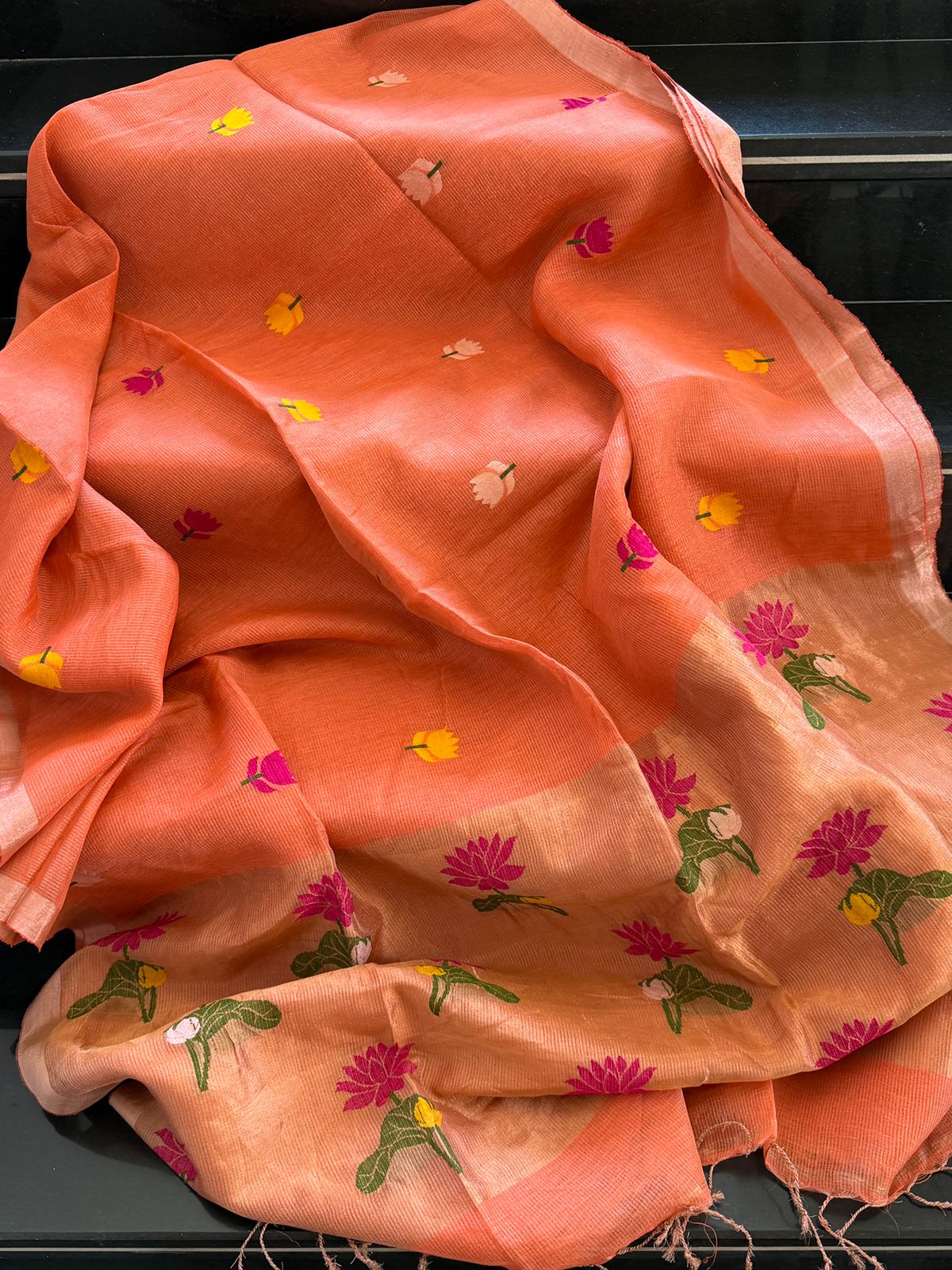 Pure Handloom Linen Tissue Silk Saree With Jamdani Weave