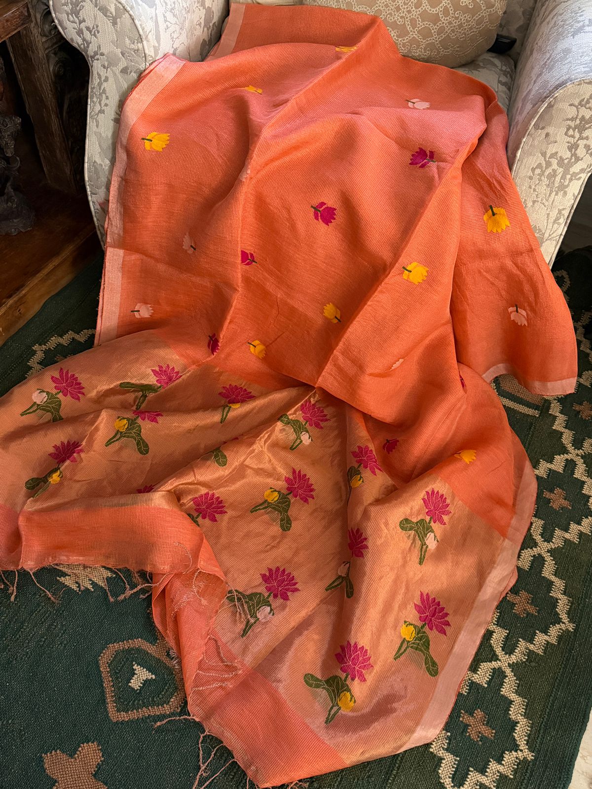 Pure Handloom Linen Tissue Silk Saree With Jamdani Weave