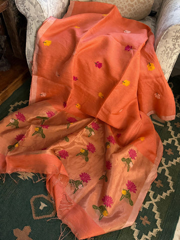 Pure Handloom Linen Tissue Silk Saree With Jamdani Weave