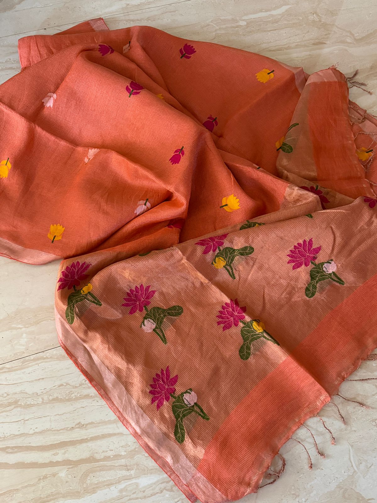 Pure Handloom Linen Tissue Silk Saree With Jamdani Weave