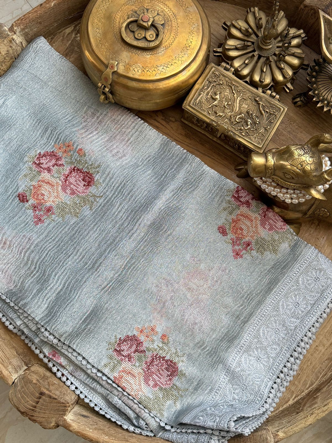 Crush Tissue Silk Saree With Pettit Point Embroidery