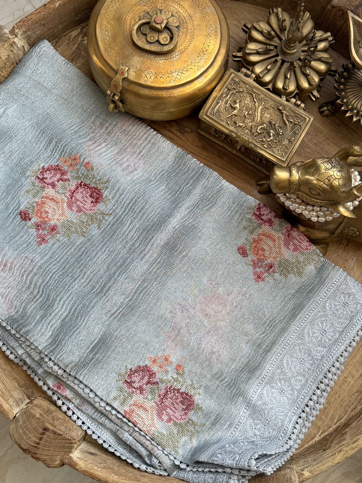 Crush Tissue Silk Saree With Pettit Point Embroidery